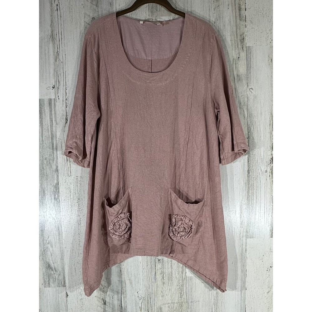 Soft Surroundings Tunic Size Large Pink Mauve Linen Blend Pockets Flower‎ Accent